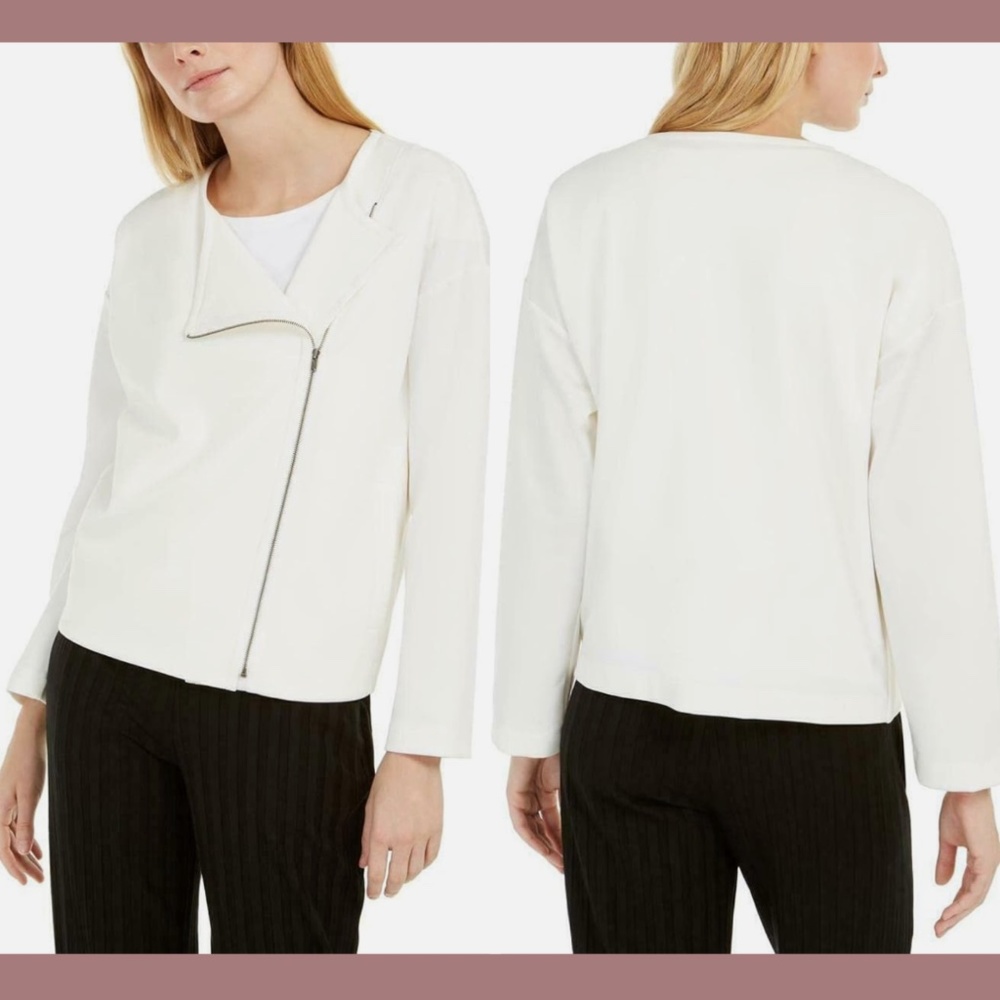 NEW‎ $298 Eileen Fisher [ Large ] Rounded Neck Asymmetrical Zip Jacket Ivory